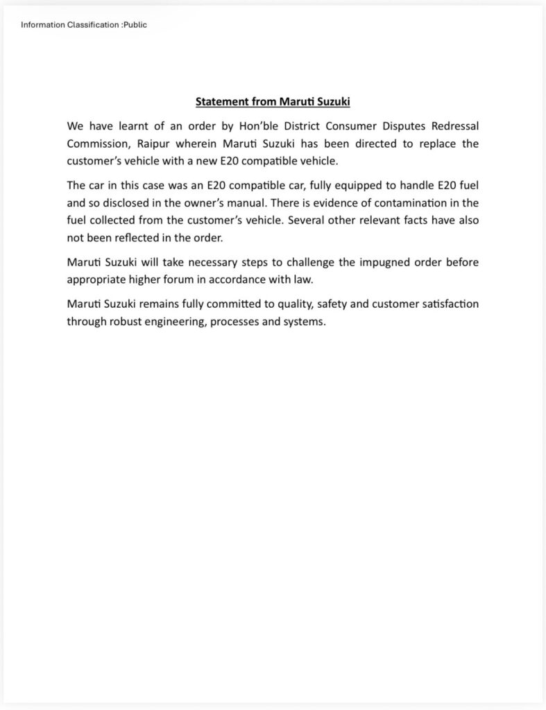 Statement From Maruti Suzuki following the E20 Fuel Controversy.