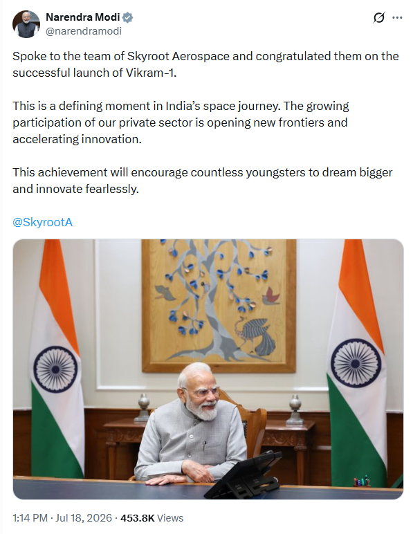 Prime Minister Narendra Modi congratulated Skyroot members after successful launch of Vikram-1 rocket.